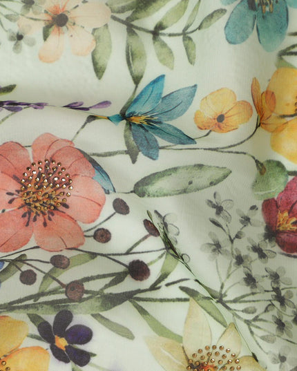 Mint Green Synthetic Viscose Fabric with Multicolor Floral Print and Stone Work, 110 cm Width-D20582