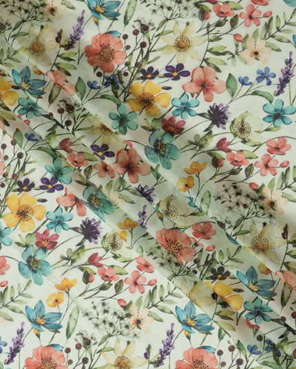 Mint Green Synthetic Viscose Fabric with Multicolor Floral Print and Stone Work, 110 cm Width-D20582