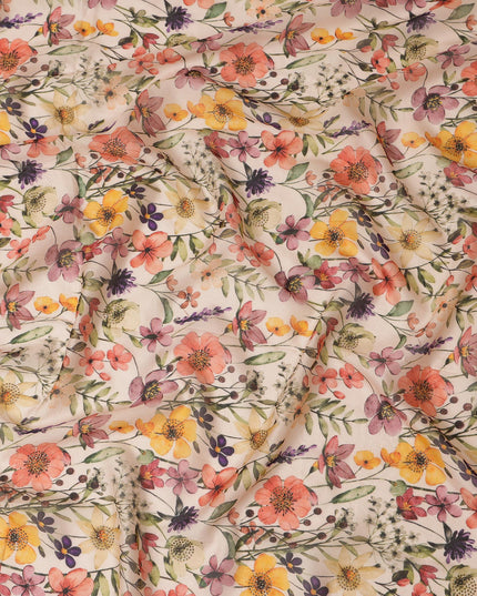 Cream Synthetic Viscose Fabric with Multicolor Floral Print and Stone Work, 110 cm Width-D20583