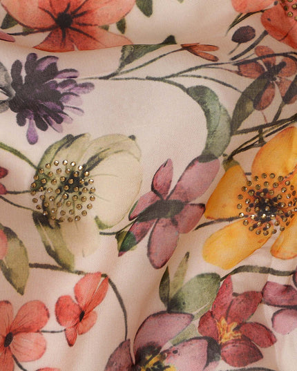 Cream Synthetic Viscose Fabric with Multicolor Floral Print and Stone Work, 110 cm Width-D20583