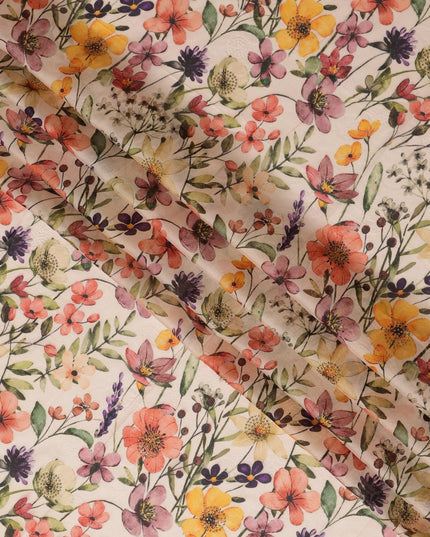 Cream Synthetic Viscose Fabric with Multicolor Floral Print and Stone Work, 110 cm Width-D20583