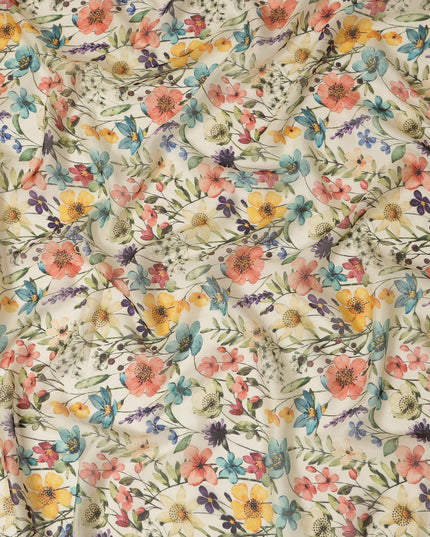 Ivory Synthetic Viscose Fabric with Multicolor Floral Print and Stone Work, 110 cm Width-D20584