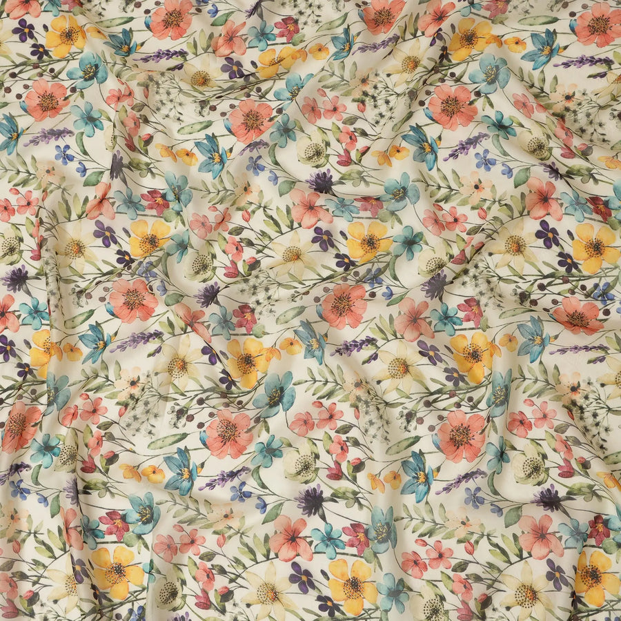 Ivory Synthetic Viscose Fabric with Multicolor Floral Print and Stone Work, 110 cm Width-D20584 Regal Fabrics