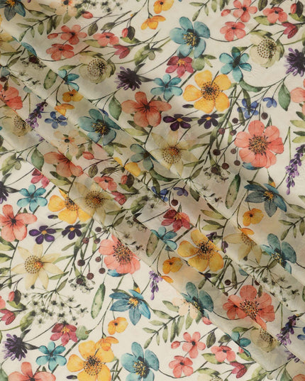 Ivory Synthetic Viscose Fabric with Multicolor Floral Print and Stone Work, 110 cm Width-D20584