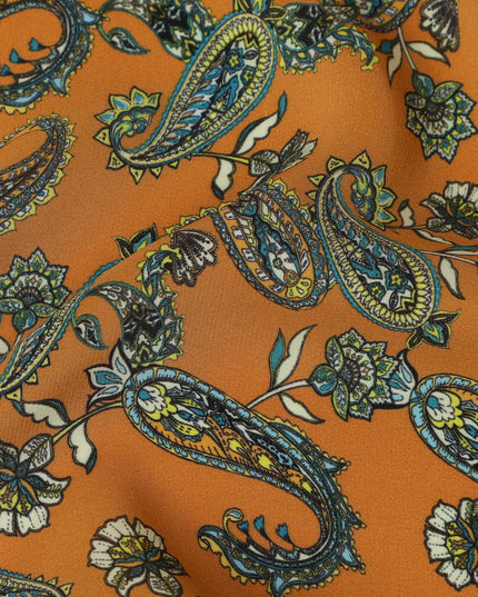 Mustard Yellow Viscose Fabric with Paisley and Floral Digital Print, 110 cm Width-D20620