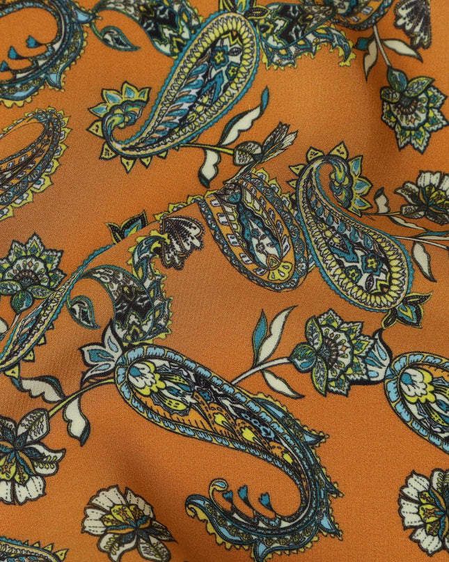 Mustard Yellow Viscose Fabric with Paisley and Floral Digital Print, 110 cm Width-D20620