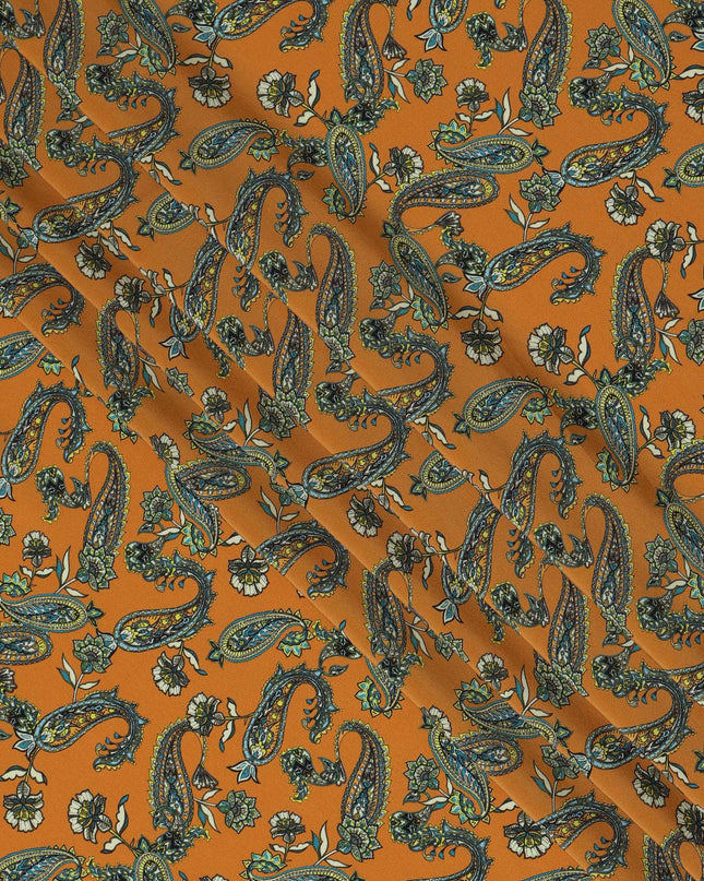 Mustard Yellow Viscose Fabric with Paisley and Floral Digital Print, 110 cm Width-D20620