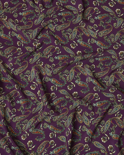 Deep Purple Viscose Fabric with Paisley and Floral Digital Print, 110 cm Width-D20621