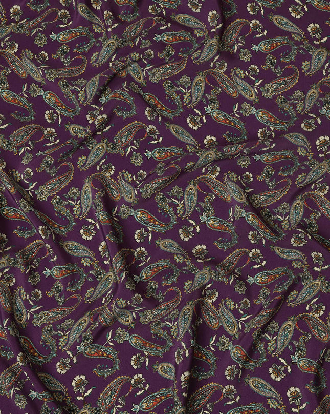 Deep Purple Viscose Fabric with Paisley and Floral Digital Print, 110 cm Width-D20621