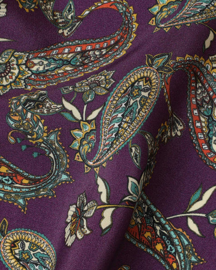 Deep Purple Viscose Fabric with Paisley and Floral Digital Print, 110 cm Width-D20621