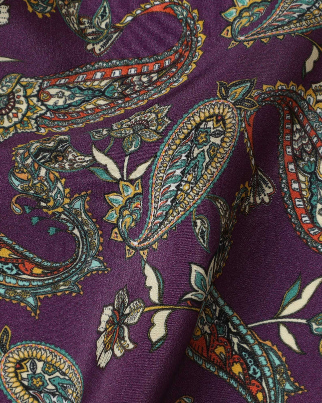 Deep Purple Viscose Fabric with Paisley and Floral Digital Print, 110 cm Width-D20621