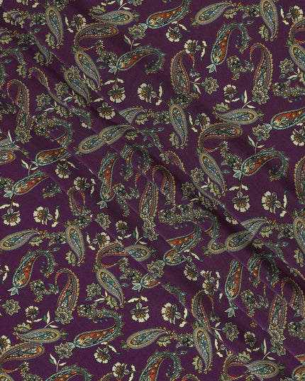 Deep Purple Viscose Fabric with Paisley and Floral Digital Print, 110 cm Width-D20621