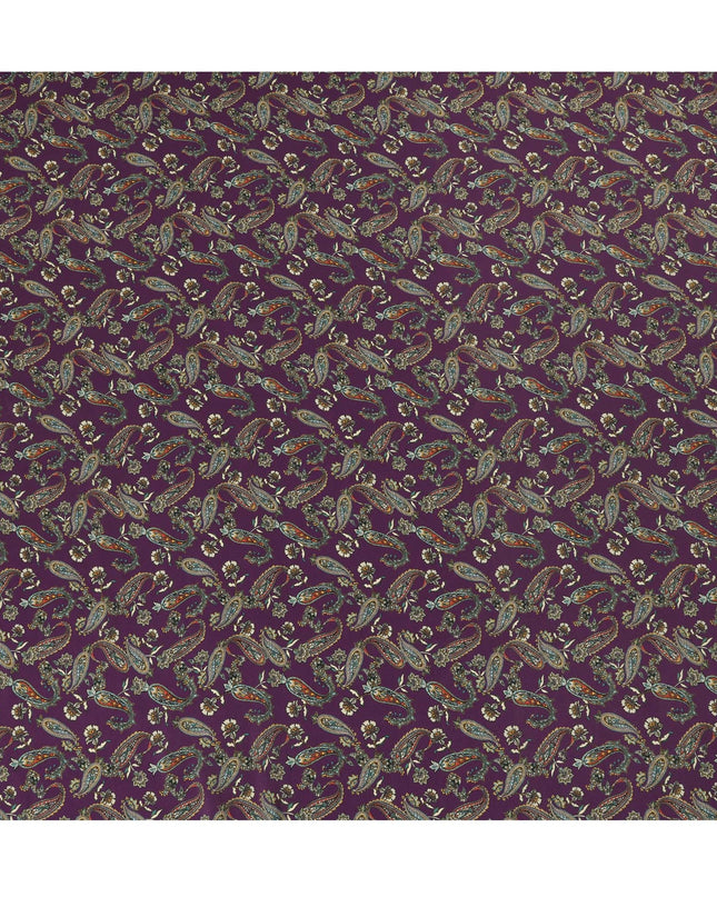 Deep Purple Viscose Fabric with Paisley and Floral Digital Print, 110 cm Width-D20621