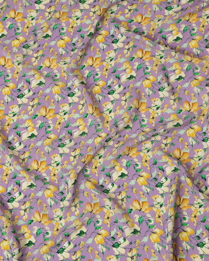 Lavender Viscose Fabric with Yellow Floral Digital Print, 110 cm Width-D20622