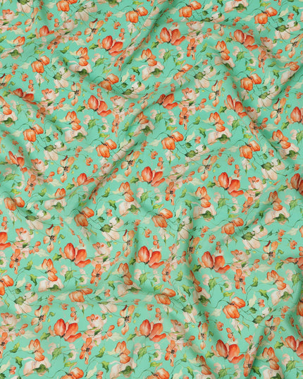 Mint Green Viscose Fabric with Orange Floral Digital Print, 110 cm Width-D20623