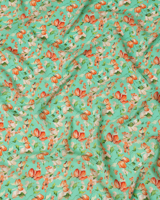 Mint Green Viscose Fabric with Orange Floral Digital Print, 110 cm Width-D20623