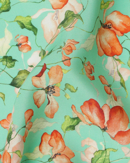 Mint Green Viscose Fabric with Orange Floral Digital Print, 110 cm Width-D20623