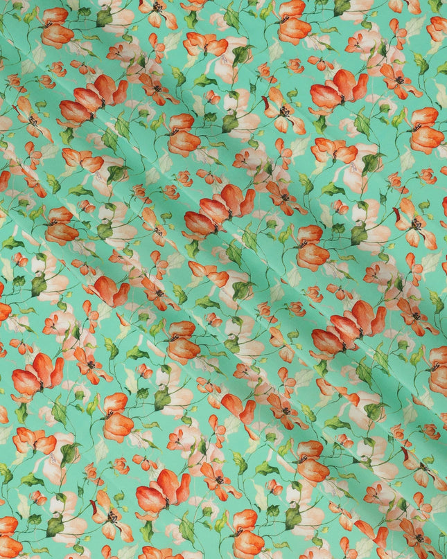 Mint Green Viscose Fabric with Orange Floral Digital Print, 110 cm Width-D20623