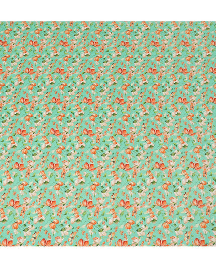 Mint Green Viscose Fabric with Orange Floral Digital Print, 110 cm Width-D20623