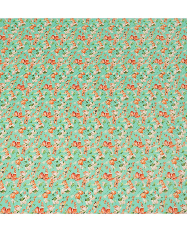 Mint Green Viscose Fabric with Orange Floral Digital Print, 110 cm Width-D20623