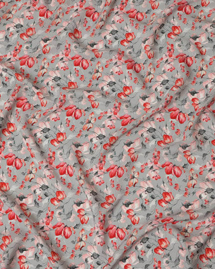 Light Grey Viscose Fabric with Red and Pink Floral Digital Print, 110 cm Width-D20624