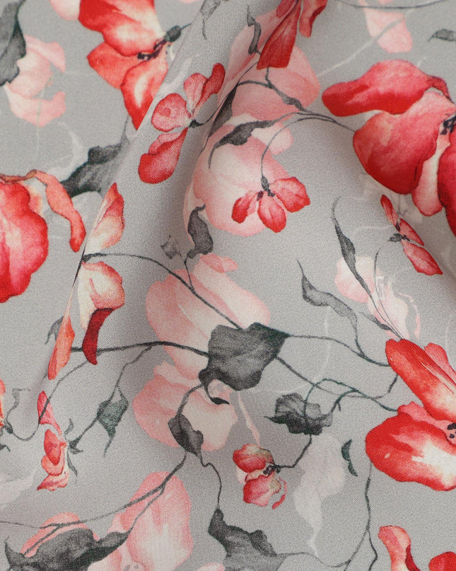 Light Grey Viscose Fabric with Red and Pink Floral Digital Print, 110 cm Width-D20624