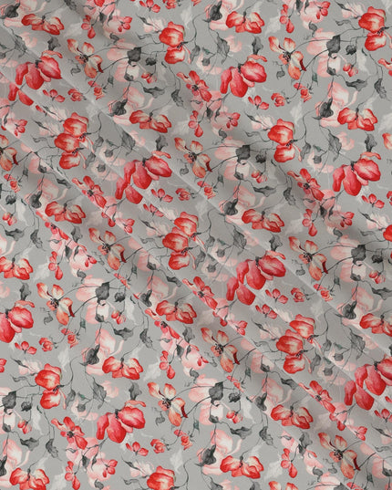 Light Grey Viscose Fabric with Red and Pink Floral Digital Print, 110 cm Width-D20624