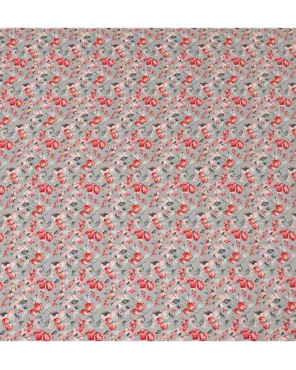 Light Grey Viscose Fabric with Red and Pink Floral Digital Print, 110 cm Width-D20624