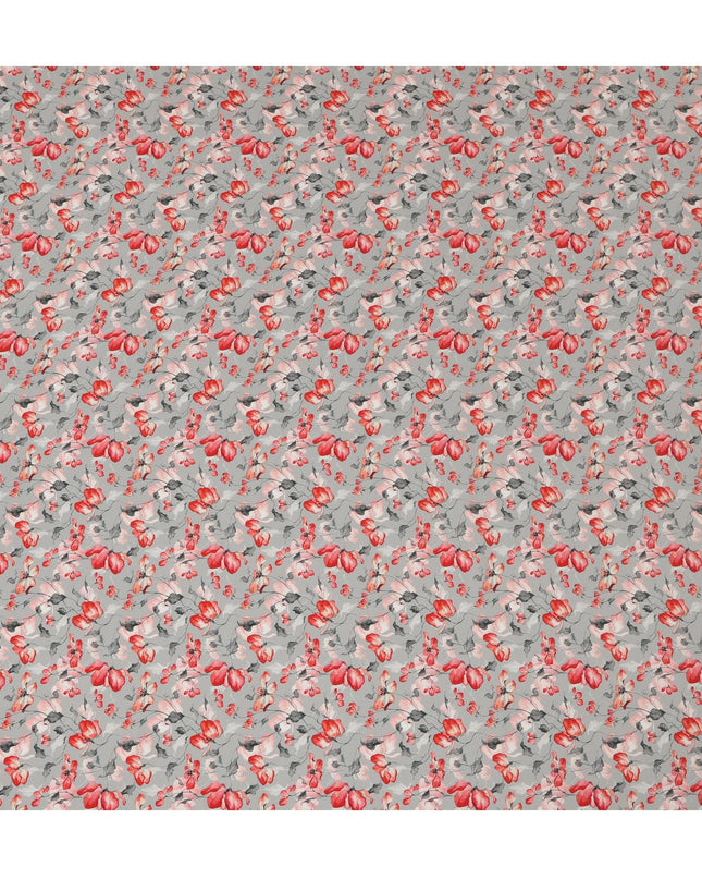 Light Grey Viscose Fabric with Red and Pink Floral Digital Print, 110 cm Width-D20624