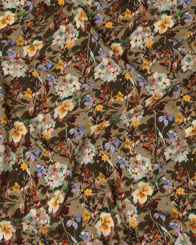 Olive Green Viscose Fabric with Multicolor Floral Digital Print, 110 cm Width-D20625