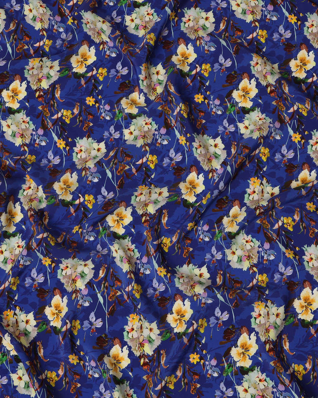 Royal Blue Viscose Fabric with Multicolor Floral Digital Print, 110 cm Width-D20626