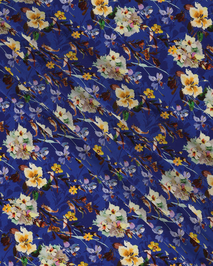 Royal Blue Viscose Fabric with Multicolor Floral Digital Print, 110 cm Width-D20626