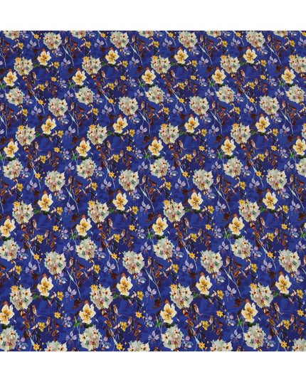 Royal Blue Viscose Fabric with Multicolor Floral Digital Print, 110 cm Width-D20626