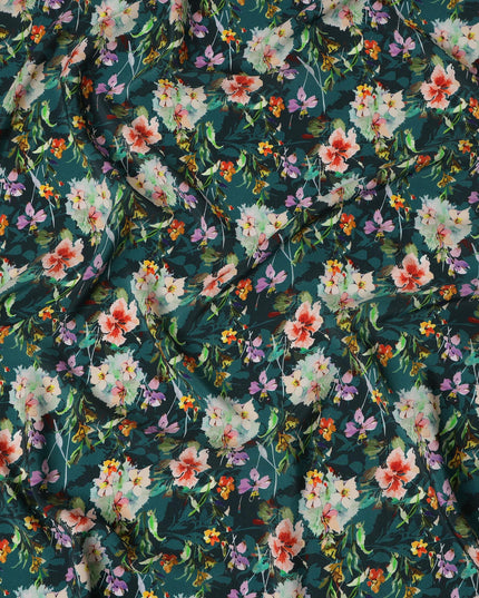 Dark Green Viscose Fabric with Multicolor Floral Digital Print, 110 cm Width-D20627