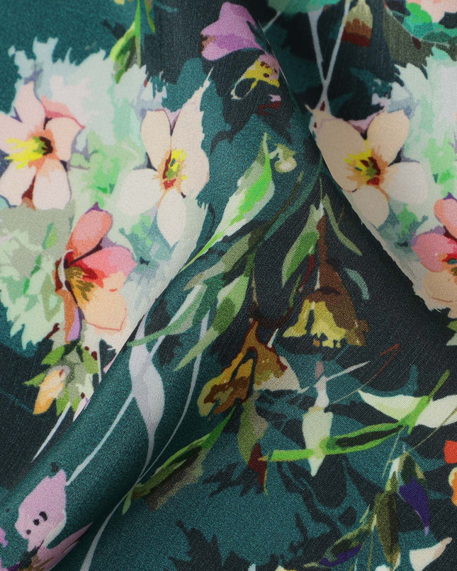 Dark Green Viscose Fabric with Multicolor Floral Digital Print, 110 cm Width-D20627