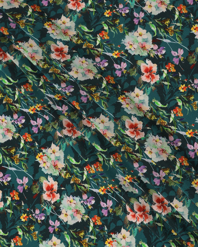 Dark Green Viscose Fabric with Multicolor Floral Digital Print, 110 cm Width-D20627