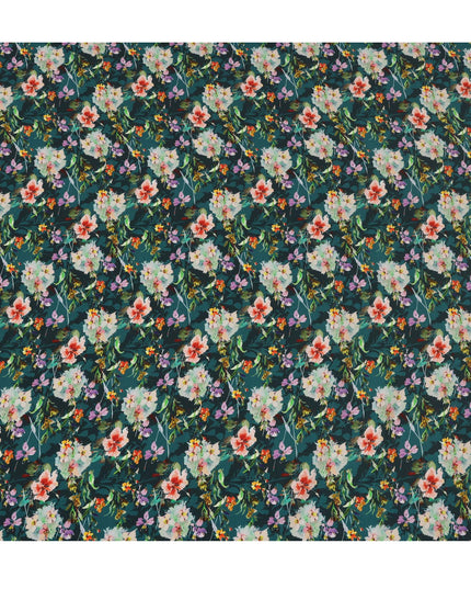 Dark Green Viscose Fabric with Multicolor Floral Digital Print, 110 cm Width-D20627