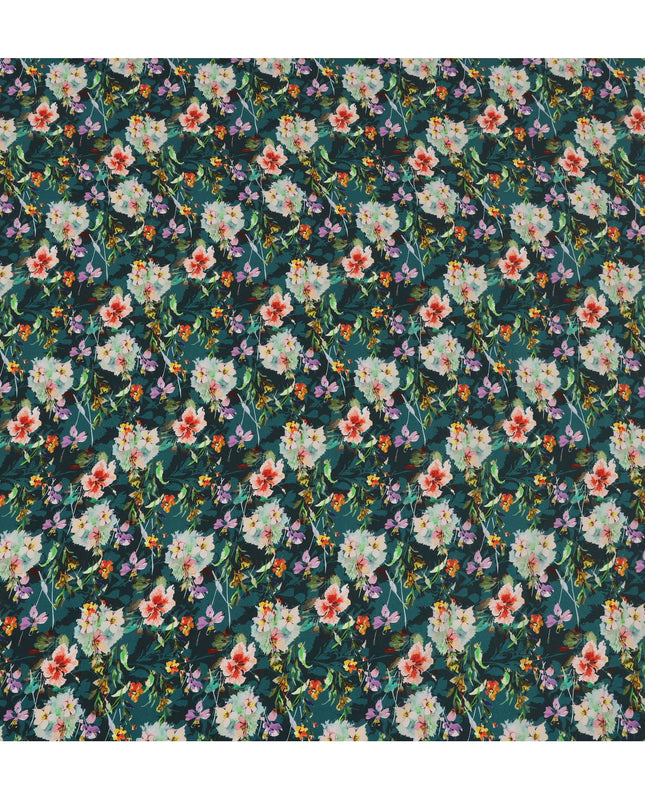 Dark Green Viscose Fabric with Multicolor Floral Digital Print, 110 cm Width-D20627