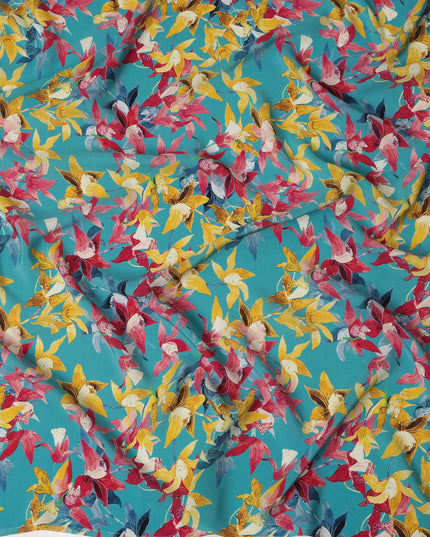 Aqua Blue Viscose Fabric with Bold Multicolor Floral Digital Print, 110 cm Width-D20628