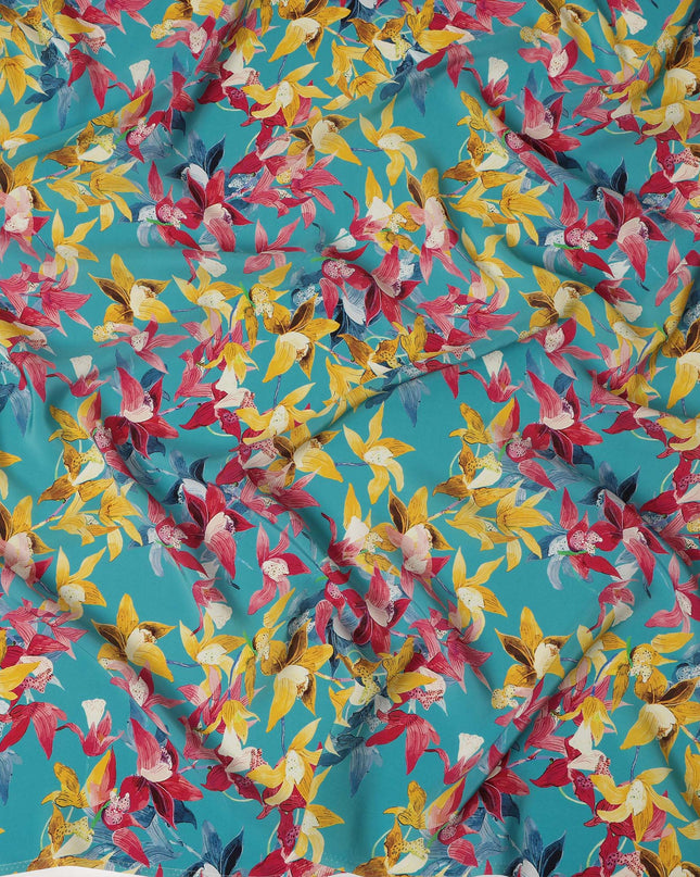 Aqua Blue Viscose Fabric with Bold Multicolor Floral Digital Print, 110 cm Width-D20628