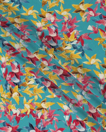 Aqua Blue Viscose Fabric with Bold Multicolor Floral Digital Print, 110 cm Width-D20628