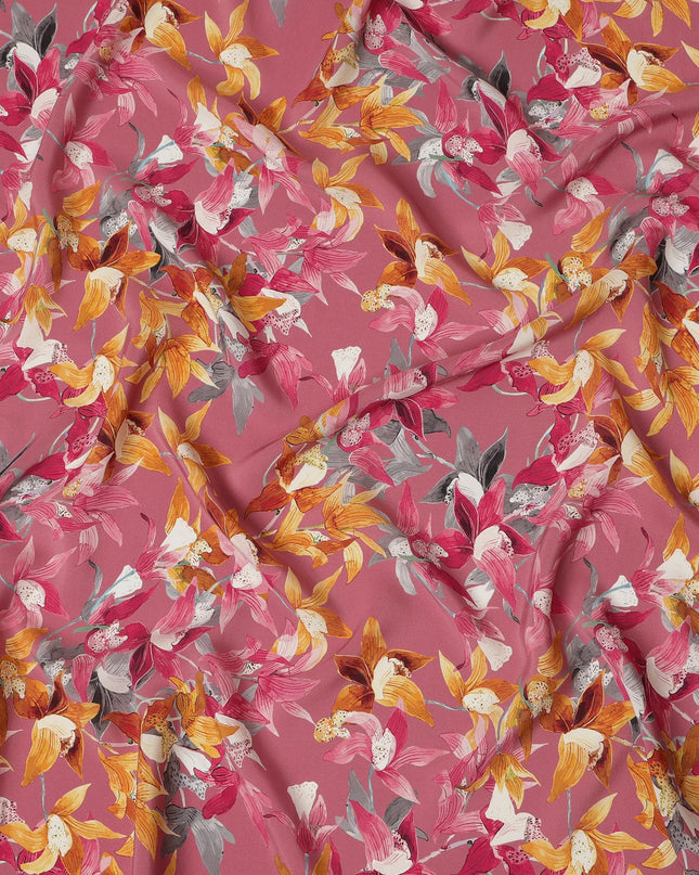 Rose Pink Viscose Fabric with Yellow and Orange Floral Digital Print, 110 cm Width-D20629