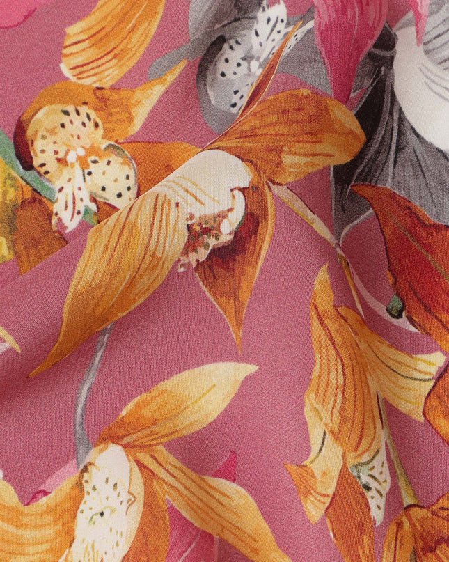 Rose Pink Viscose Fabric with Yellow and Orange Floral Digital Print, 110 cm Width-D20629