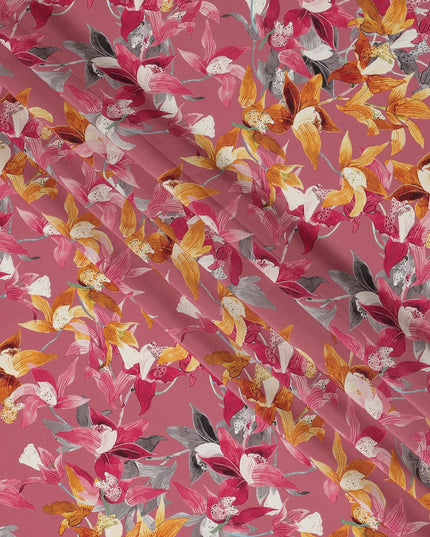 Rose Pink Viscose Fabric with Yellow and Orange Floral Digital Print, 110 cm Width-D20629