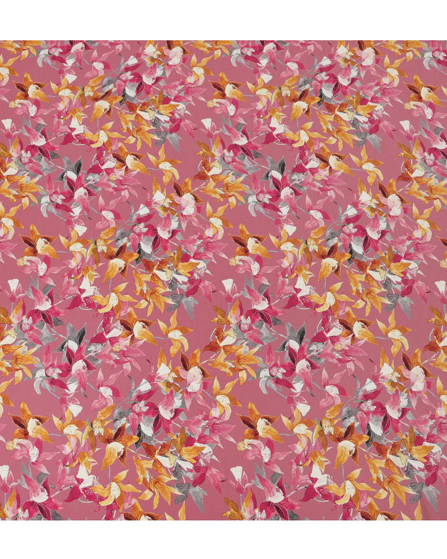 Rose Pink Viscose Fabric with Yellow and Orange Floral Digital Print, 110 cm Width-D20629