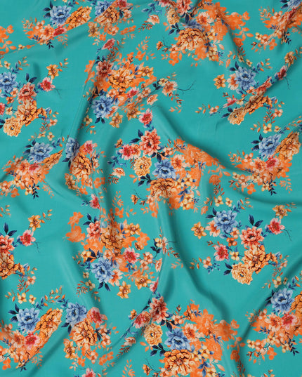 Aqua Blue Viscose Fabric with Orange and Yellow Floral Digital Print, 110 cm Width-D20630