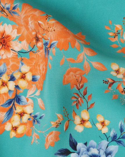 Aqua Blue Viscose Fabric with Orange and Yellow Floral Digital Print, 110 cm Width-D20630