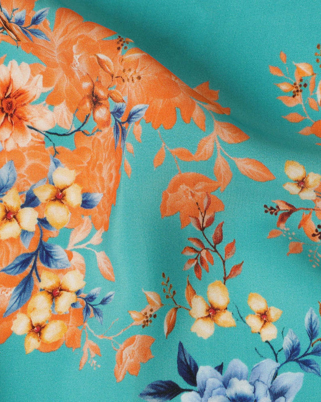 Aqua Blue Viscose Fabric with Orange and Yellow Floral Digital Print, 110 cm Width-D20630