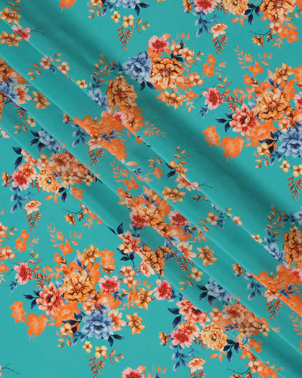 Aqua Blue Viscose Fabric with Orange and Yellow Floral Digital Print, 110 cm Width-D20630