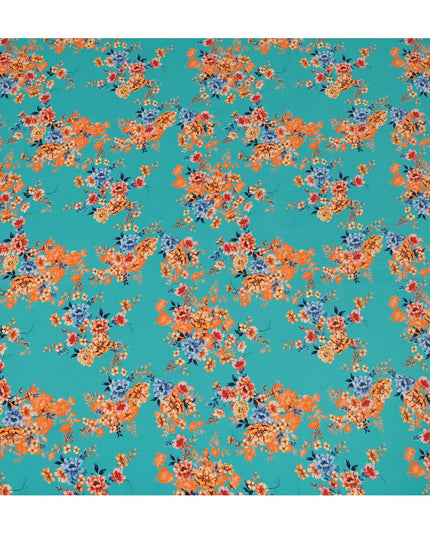 Aqua Blue Viscose Fabric with Orange and Yellow Floral Digital Print, 110 cm Width-D20630